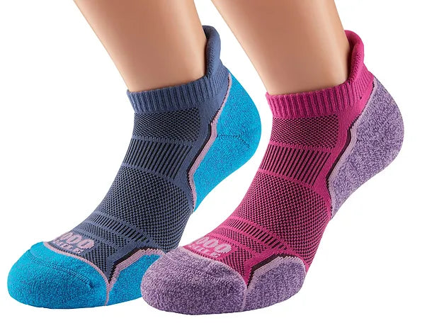 1000 mile single layer run socklet - pink/lavender and blue for women