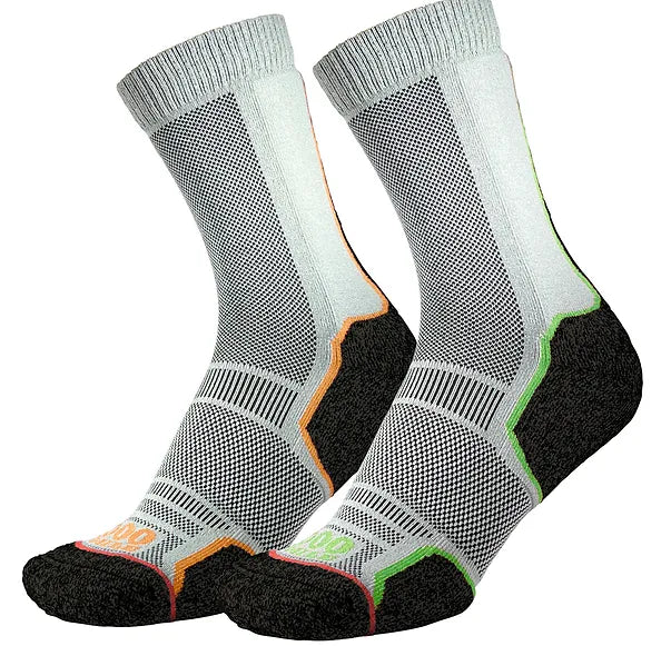 1000 Mile Trek socks for men, single layer, twin pack, silver green and silver with orange.  twin pack.