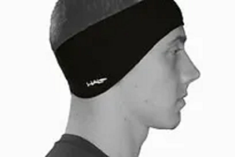 Halo Antifreeze ear cover head band in black, side view on model