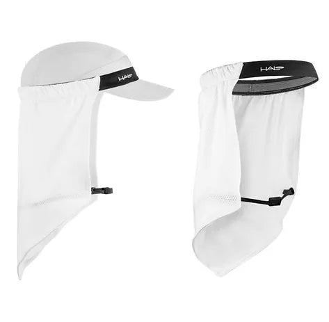 Halo head band sun shield shown on hat in white