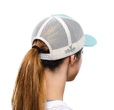 The Halo Hinge Classic Hat in Aruba Blue, back view on model
