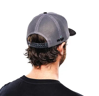 The Halo Hinge Classic Hat in grey, back view on model