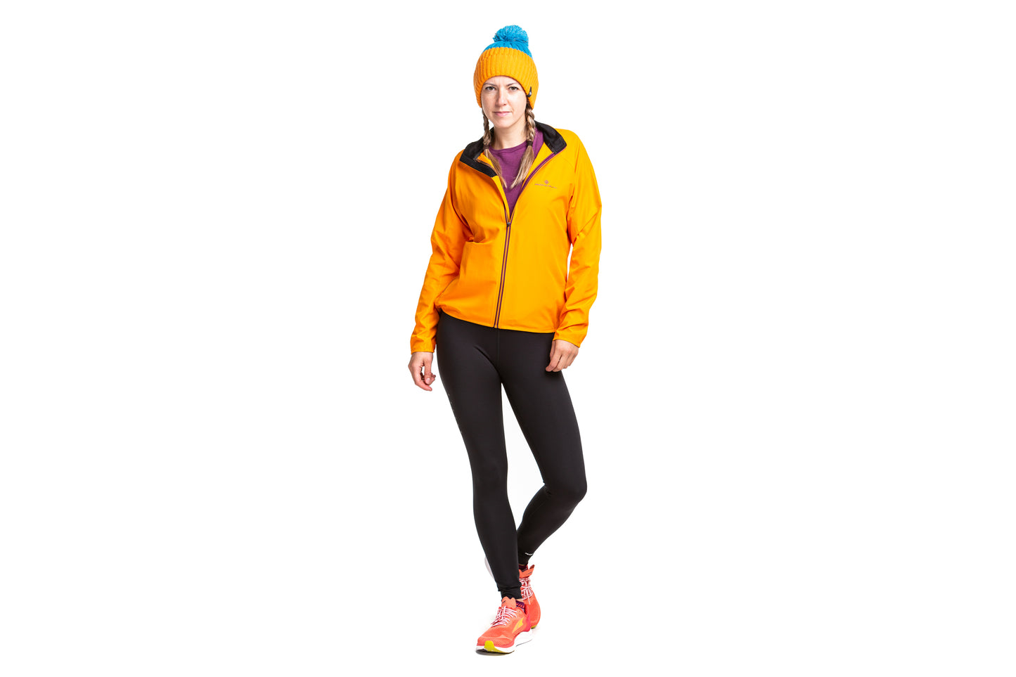 Ronhill's Women's Core Jacket, front view shown on model, Mango and grape