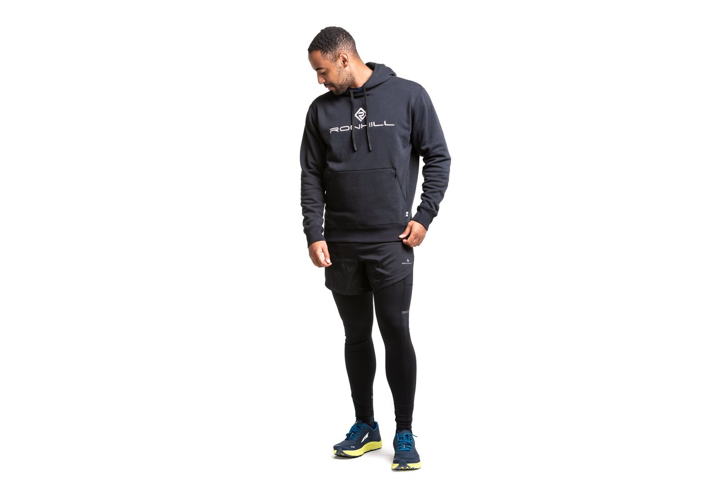 Ronhill Men's life PB hoody, black and limestone, on model, front view
