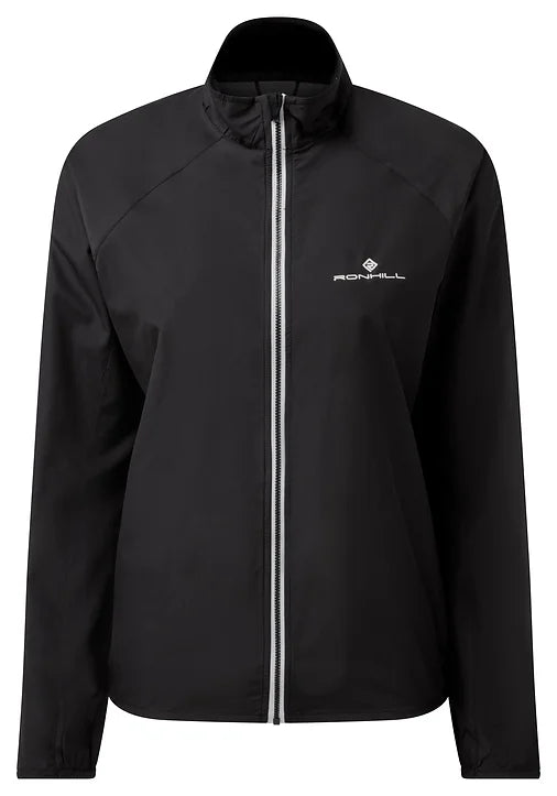 Ronhill's Women's Core Running Jacket. Front view - Black with White logo