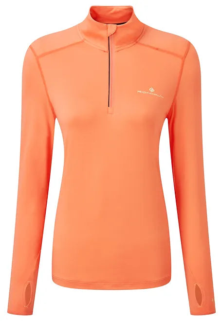 Ronhills Women's Tech 1/2 Zip Thermal Running Long Sleeve T-Shirt. Peach with Lemon grass logo. Front view
