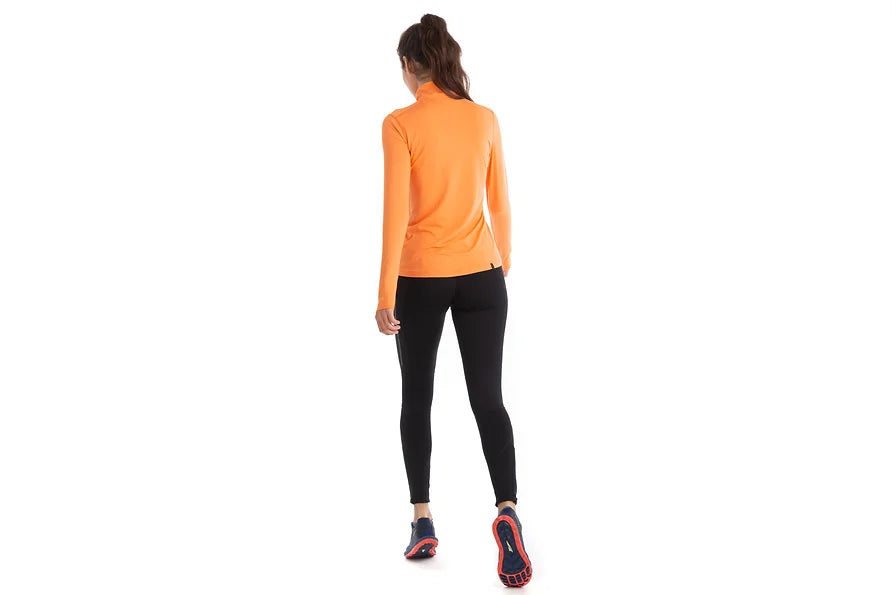 Ronhill's Women's tech thermal half zip running t-shirt. Long sleeves, peach. Back view shown on model