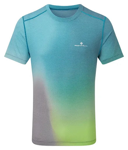 Ronhill's Men's Short Sleeve Running Tech Golden Hour t-shirt. Cyan Acid Lime merge, Front view.