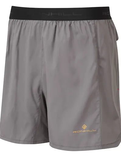 Ronhill's Mens Running Tech Revive 5-inch shorts. Mole colour with dark gold logo. Front view
