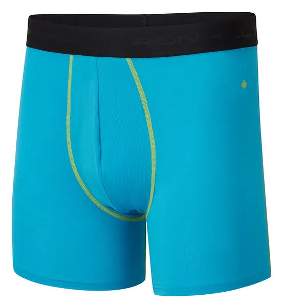 Ronhill's Men's Running 4.5-inch boxer shorts underwear. Cyan Acid Lime, front view 