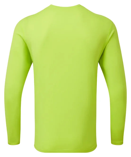 Ronhill's men's long sleeve core t-shirt. Lime prussian with blue logo. Back view.