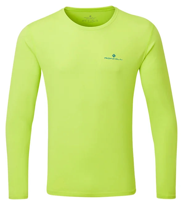 Ronhill's men's long sleeve core t-shirt. Lime prussian with blue logo. Front view.