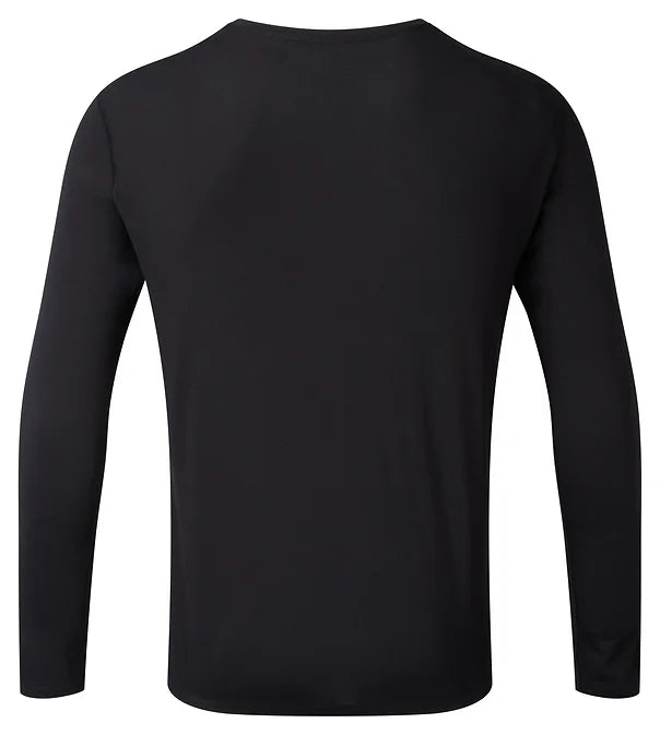 Ronhill's men's long sleeve core t-shirt. Black with white logo. Back view.