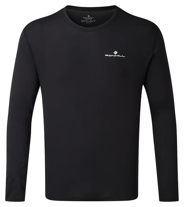 Ronhill's men's long sleeve core t-shirt. Black with white logo. Front view.