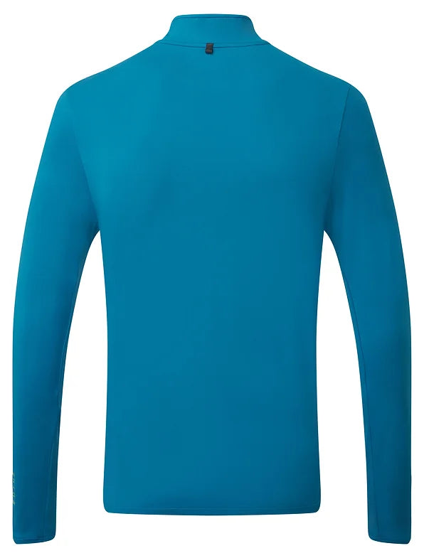 Ronhill's men's running tech half zip long sleeved t-shirt. Prussian Blue with willow logo. Back View.