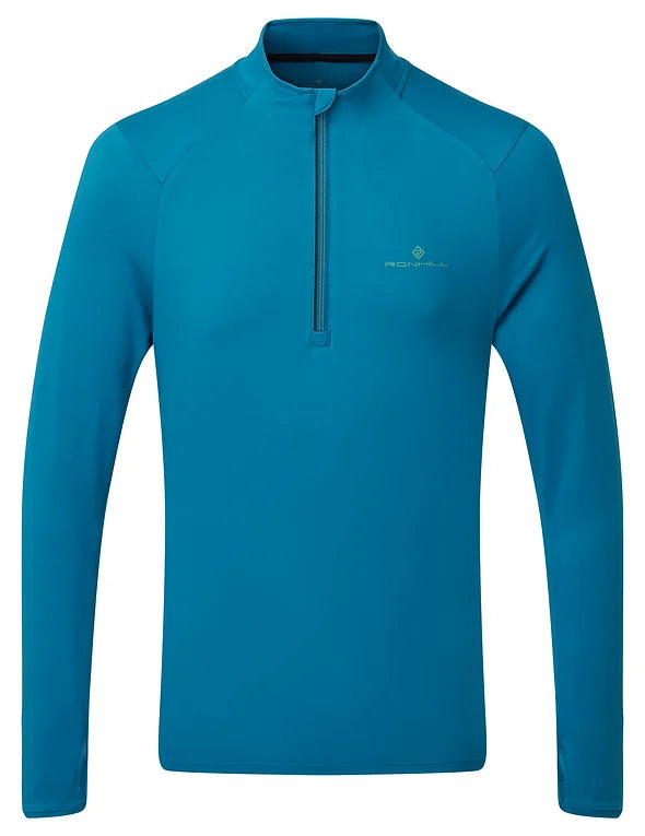 Ronhill's men's running tech half zip long sleeved t-shirt. Prussian Blue with willow logo. Front View.