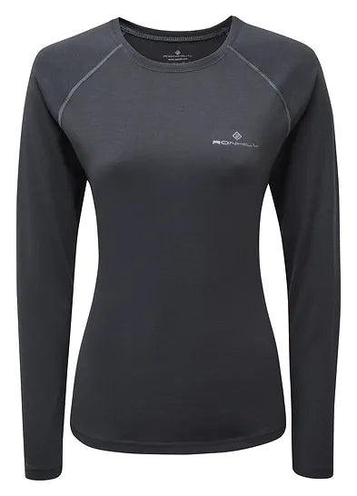 Ronhill's Womens, long Sleeve running Core T-shirt. Charcoal Marl, Front view