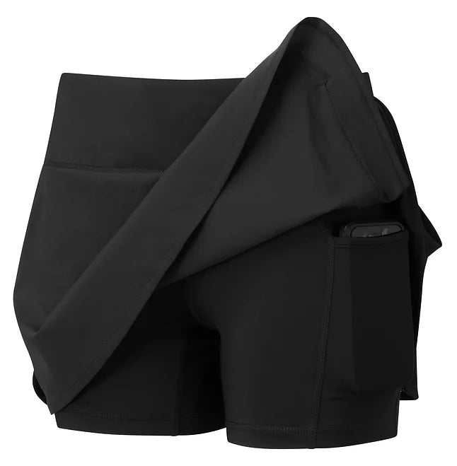 Women's Black Skort designed by Ronhill. Displays the hidden pocket under the skirt.
