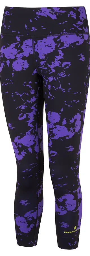 Ronhill's womens life crop tights. Black/plumb abstract front view